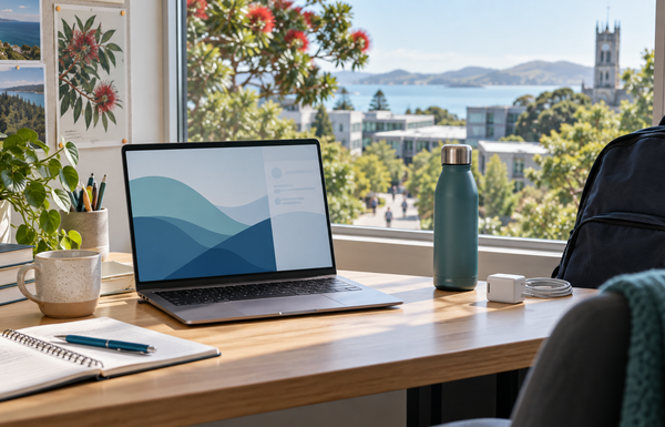 Student laptop, notebook, backpack and charger on a bright New Zealand campus study desk