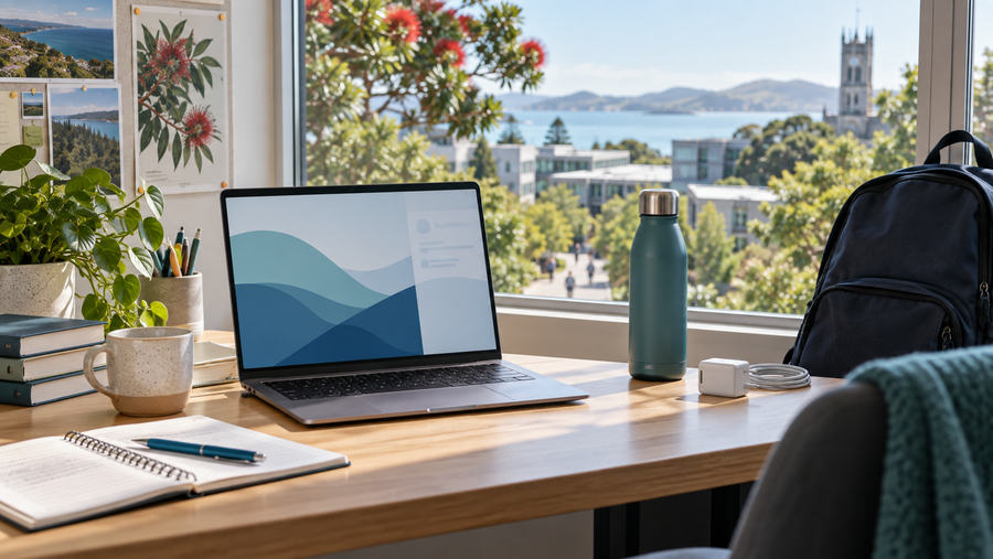 Student laptop, notebook, backpack and charger on a bright New Zealand campus study desk