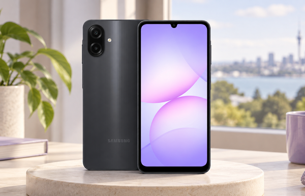 AI-created editorial illustration of the black Samsung Galaxy A07 4G, front and rear, beside an Auckland apartment window