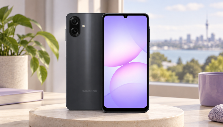AI-created editorial illustration of the black Samsung Galaxy A07 4G, front and rear, beside an Auckland apartment window