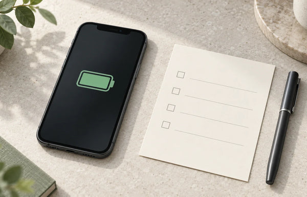 Editorial illustration of a smartphone battery symbol beside a blank repair checklist