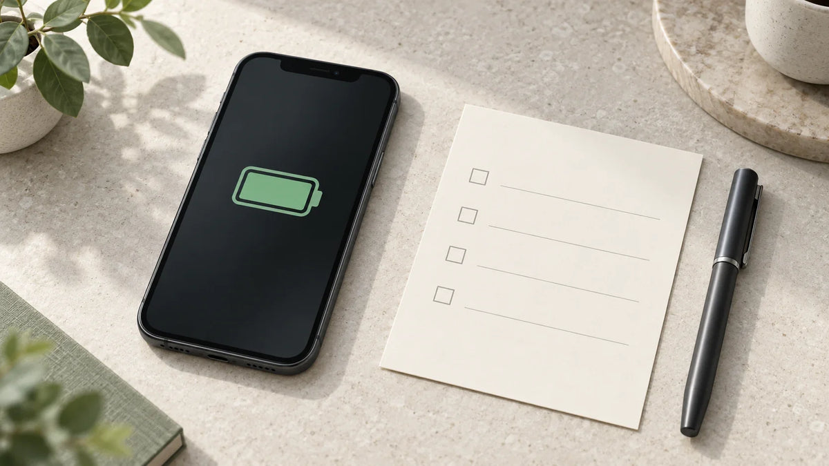 Editorial illustration of a smartphone battery symbol beside a blank repair checklist