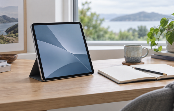 Illustrative tablet in a folio stand on a bright home-study desk beside a notebook