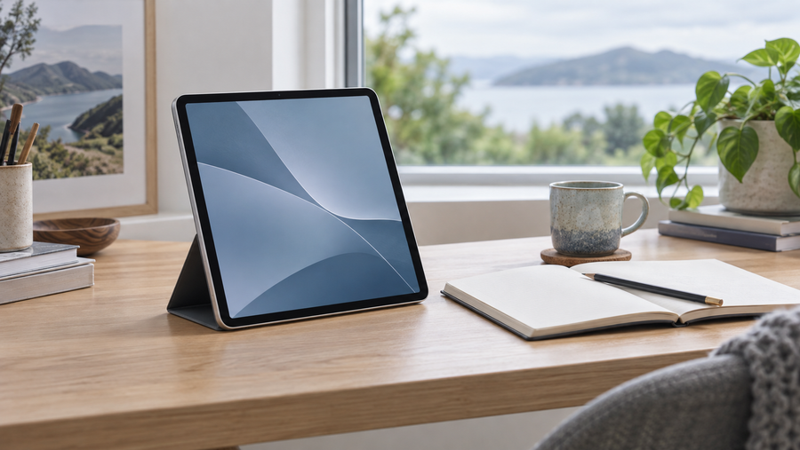 Illustrative tablet in a folio stand on a bright home-study desk beside a notebook