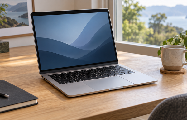 Illustrative silver laptop on a bright home-office desk beside a notebook and cup