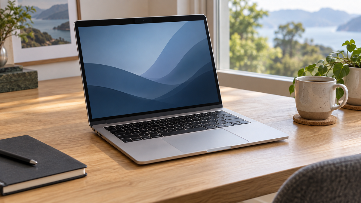 Illustrative silver laptop on a bright home-office desk beside a notebook and cup