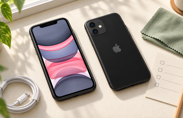 AI-created editorial illustration of a used iPhone inspection, with front and rear views, a checklist, charging cable and cleaning cloth
