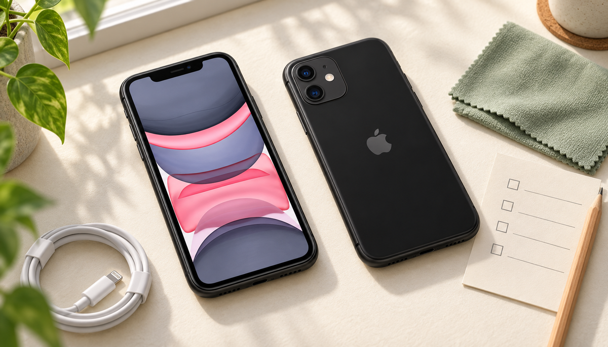 AI-created editorial illustration of a used iPhone inspection, with front and rear views, a checklist, charging cable and cleaning cloth