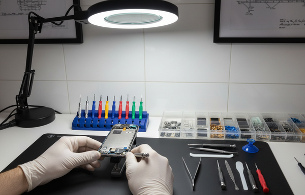 Technician inspecting an opened smartphone at a professional repair workbench