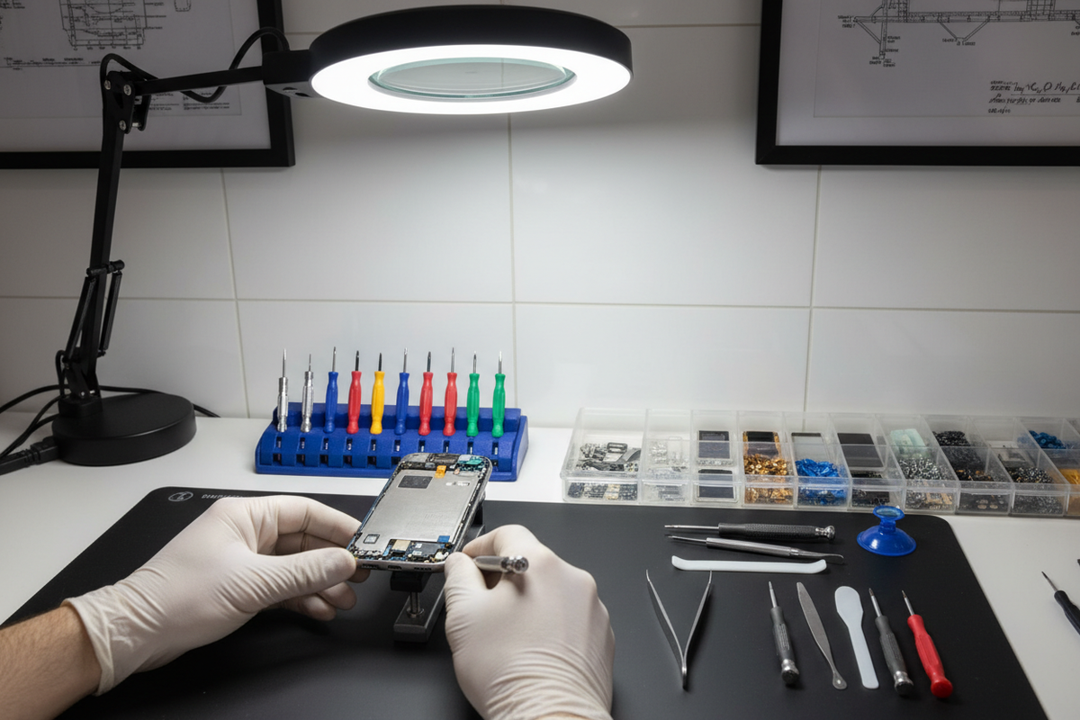Technician inspecting an opened smartphone at a professional repair workbench