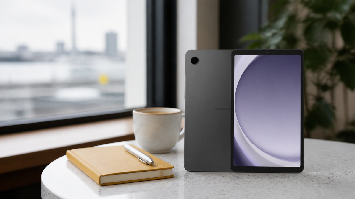 Samsung Galaxy Tab A9 LTE in a modern Auckland cafe setting