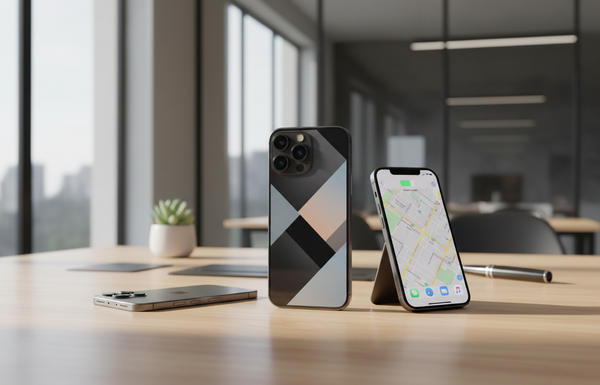 Three iPhones displayed on a clean desk in a modern workspace