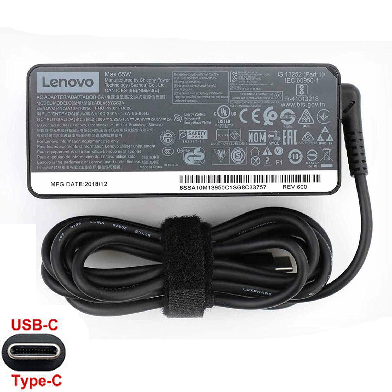 [K30]Original Lenovo 20v 3.25a 65W USB-C Power Adapter ADLX65YCC3A 01FR026 SA10M13950