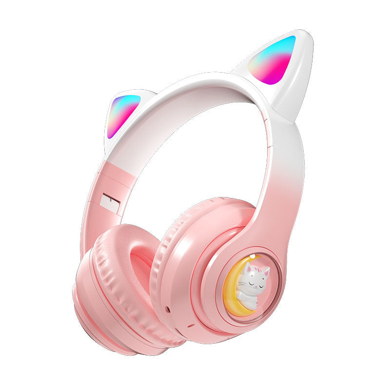 Pink Cat Ears Wireless Headset Stereo Bluetooth 5.0 RGB Soft Earmuffs MP3 Player Headphone for Mobile Phones Laptops Music Men Women..