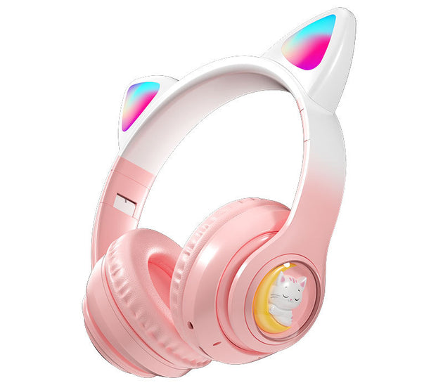 Pink Cat Ears Wireless Headset Stereo Bluetooth 5.0 RGB Soft Earmuffs MP3 Player Headphone for Mobile Phones Laptops Music Men Women..