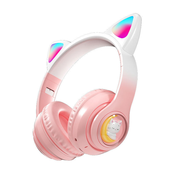Pink Cat Ears Wireless Headset Stereo Bluetooth 5.0 RGB Soft Earmuffs MP3 Player Headphone for Mobile Phones Laptops Music