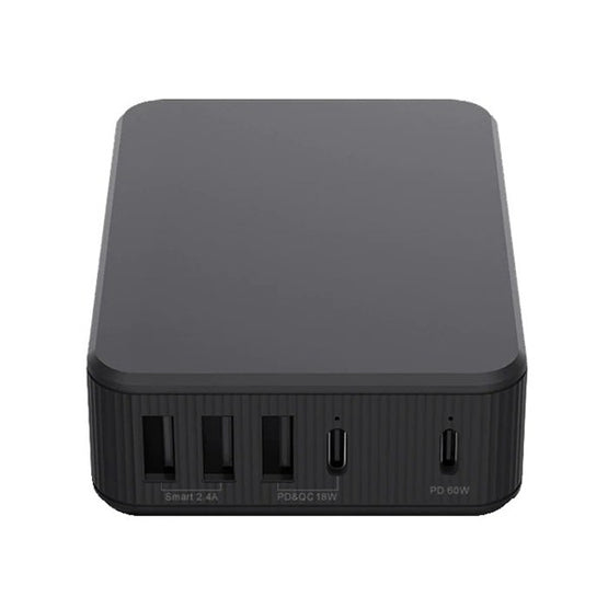 [5-A15]ELEKER 5-Ports Smart Power Adapter With PD+QC 3.0 65W Black