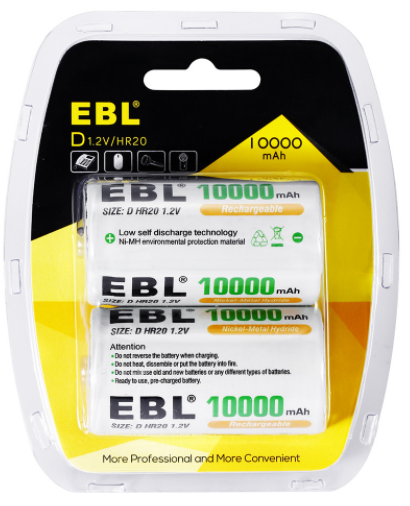 EBL LN-8143 2 Pack 10000mAh 1.2V D Cell / D Size NI-MH Rechargeable Battery