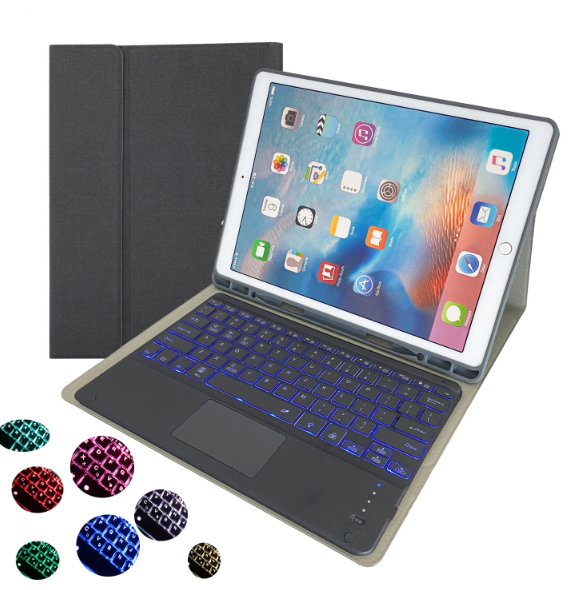 [R]ipad TPU case HK129T with pen-holder detachale bluetooth keyboard with touchpad and back light For iPad Pro 12.9 (2015/2017) Black