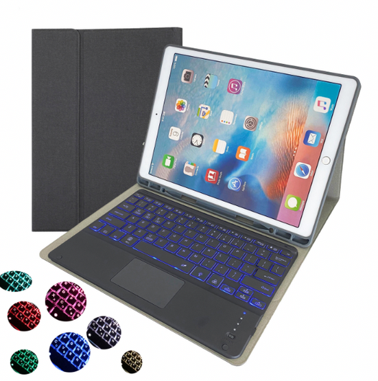 [R]ipad TPU case HK129T with pen-holder detachale bluetooth keyboard with touchpad and back light For iPad Pro 12.9 (2015/2017) Black