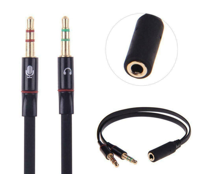 [5-A201]KIN KY192 3.5mm Stereo Audio 2 Male to Female Headset Mic Y Splitter Adapt Jack Cable Black