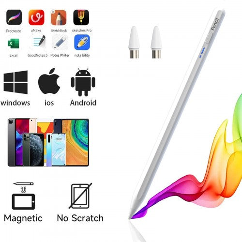 BP16 Universal Stylus Pen – 165mm Touch Switch, Type-C Charging, Replaceable Tip, Power Indicator – White – Compatible with