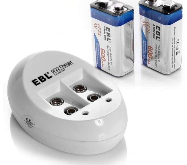 [I]EBL EB-641581612 2PCS EBL 600mAh 9V 6F22 Li-ion Rechargeable Batteries and 9V 2 Slot Charger Combo