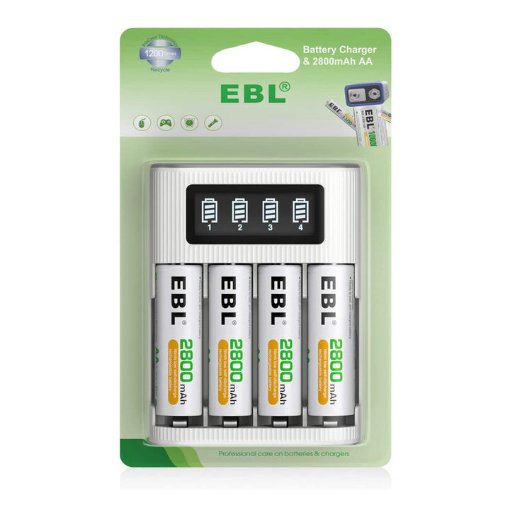 EBL EB-640981122 LCD Battery Charger With Type C and Micro USB input and 4Pcs AA 2800mah Battery LN-8114 Combo White