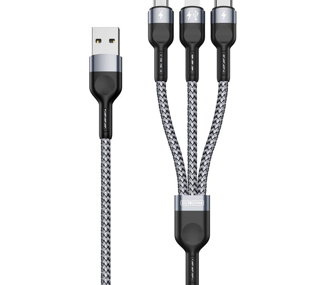 [5-B22]DUX DUCIS DUZZONA A3-01 3-IN-1 Data Cable USB to Micro+iP+Type-C 1.3M Black-Grey