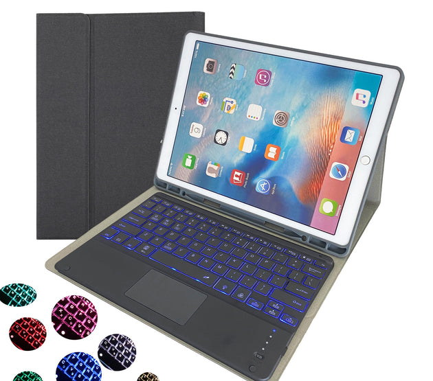 [R]ipad TPU case RK131T with pen-holder detachale bluetooth keyboard with touchpad and back light For iPad Pro 12.9 (2018/2020) Black