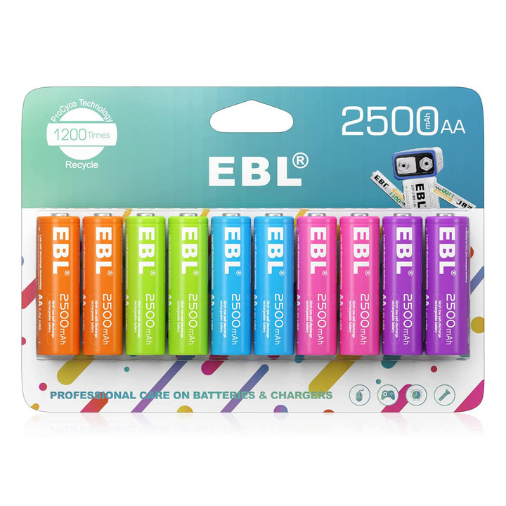 EBL TB-PCH8125 Rainbow 10 Pack 2500mAh AA NI-MH Rechargeable Battery
