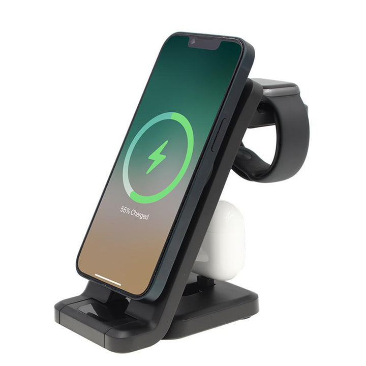 3-in-1 15W Magnetic Wireless Foldable Charging Station for Apple iPhone / Airpods / iWatch Black