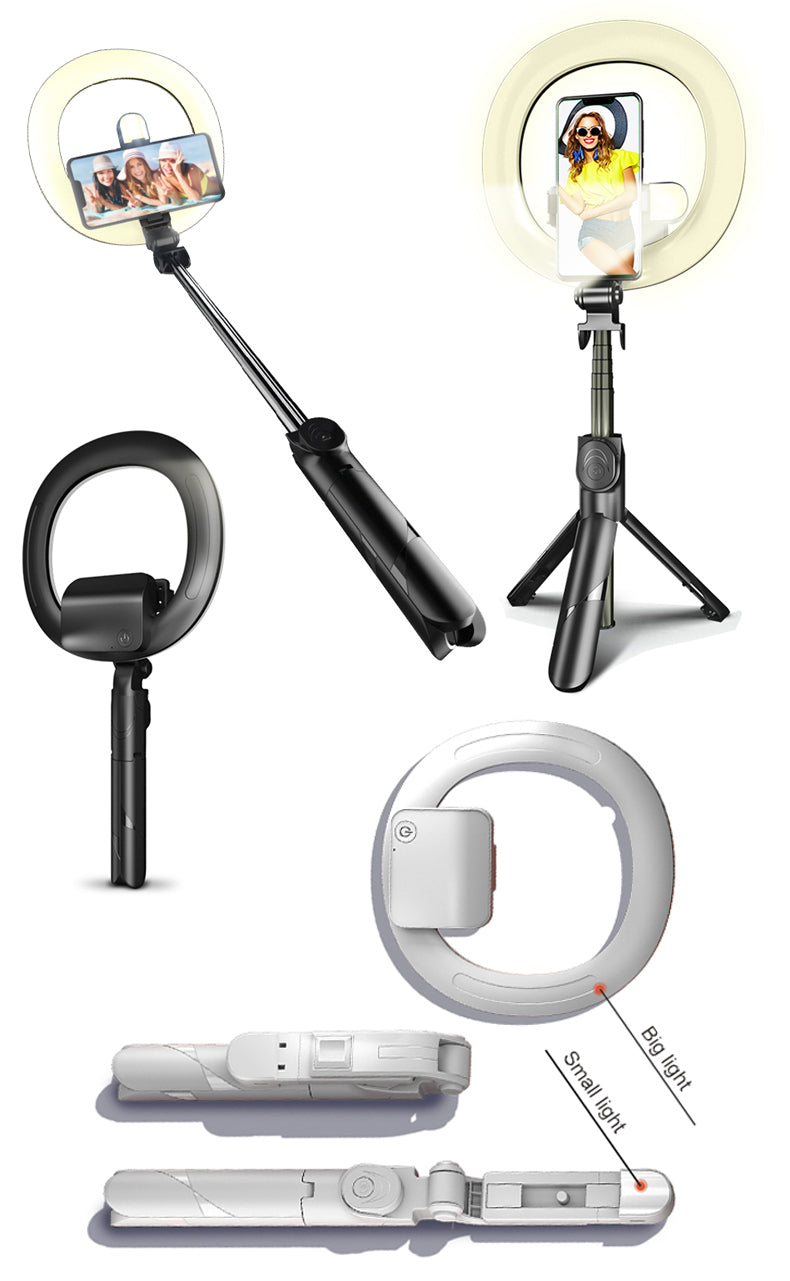 Selfie stick tripod with a removable LED halo, suitable for self portrait or street broadcast 18cm Ring Light XT-18+ White