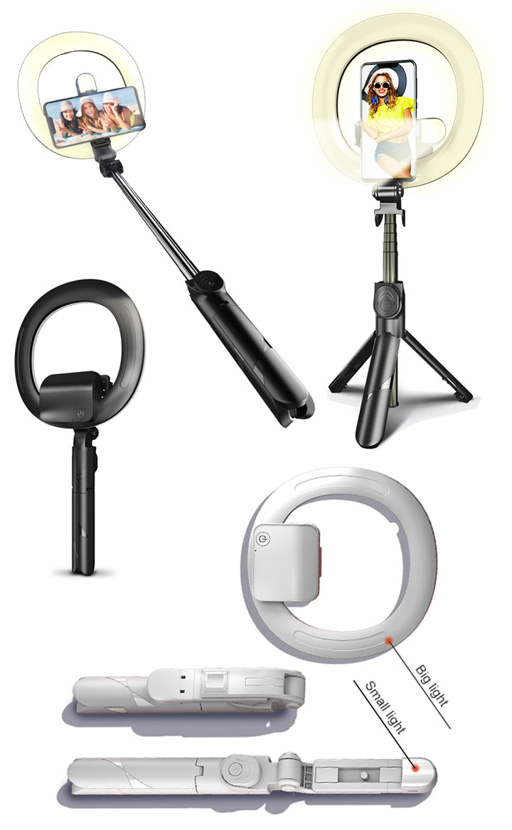 Selfie stick tripod with a removable LED halo, suitable for self portrait or street broadcast 18cm Ring Light XT-18+ White