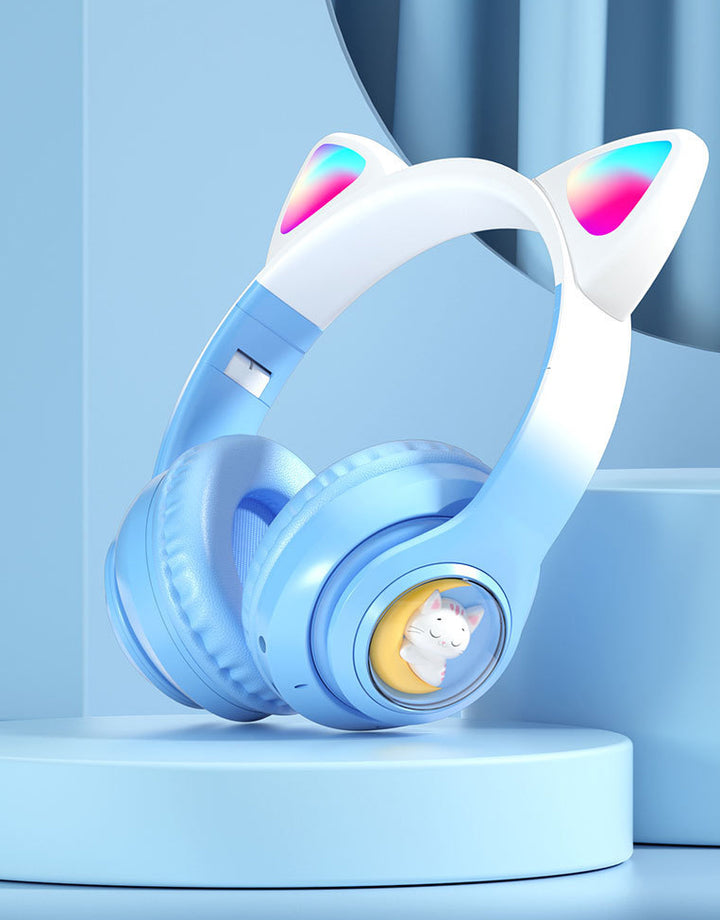 Blue Cat Ears Wireless Headset Stereo Bluetooth 5.0 RGB Soft Earmuffs MP3 Player Headphone for Mobile Phones Laptops Music