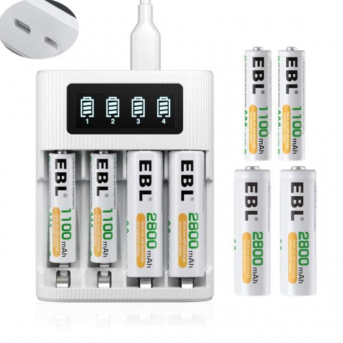 EBL EB-64091222 LCD Battery Charger With Type C and Micro USB input and 4Pcs AAA 1100mah and 4pcs AA 2800mah Combo