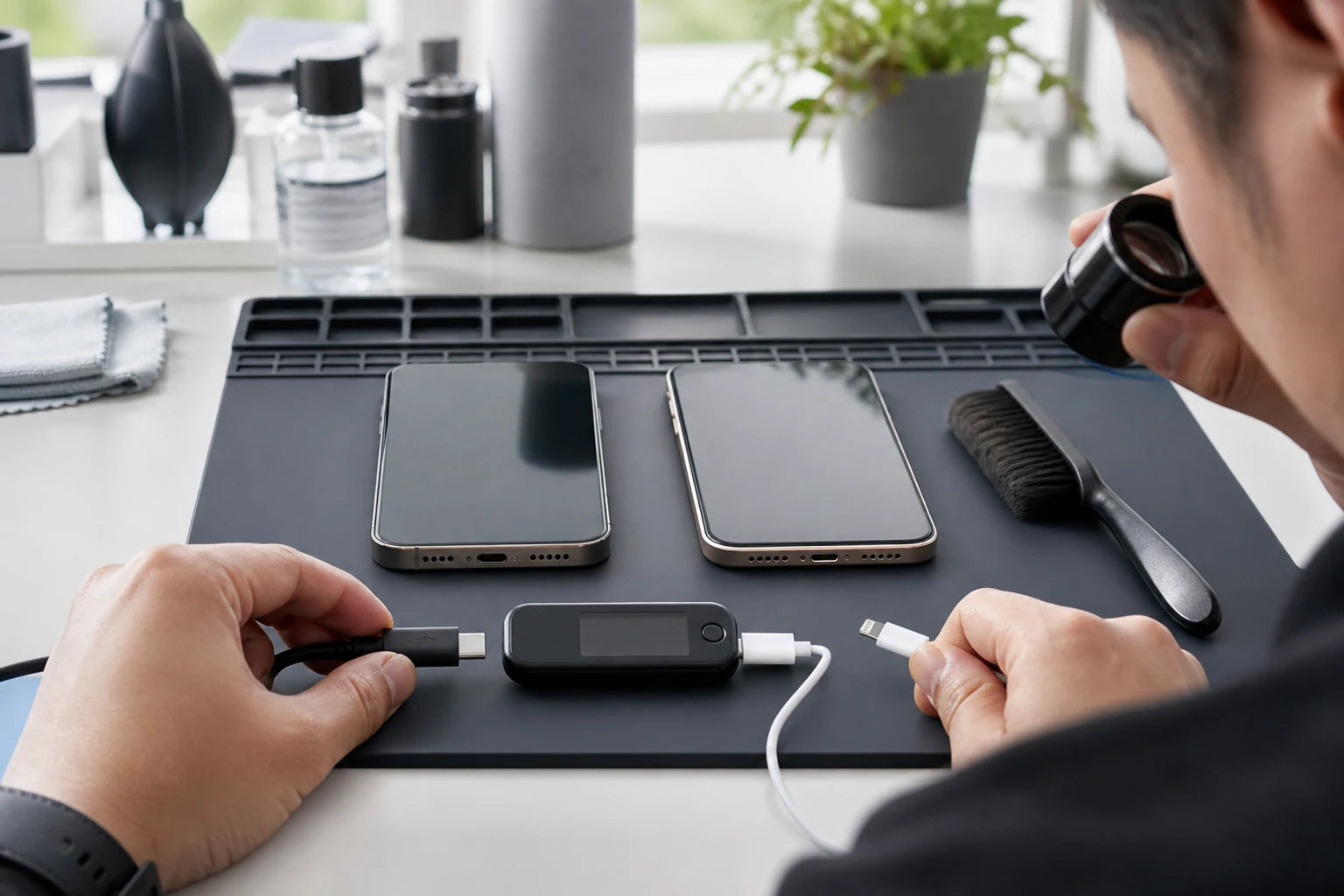USB-C and Lightning phone connectors inspected under magnification at a repair bench