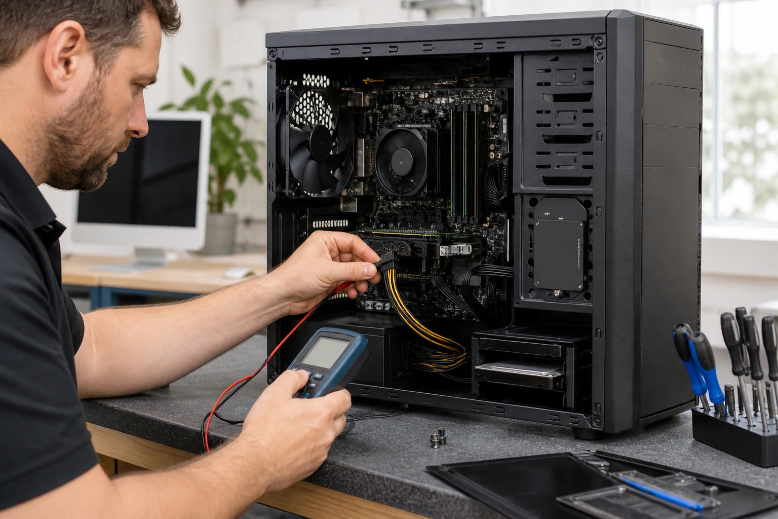 Open desktop computer tower undergoing power, memory and storage diagnostics on a clean technical workbench