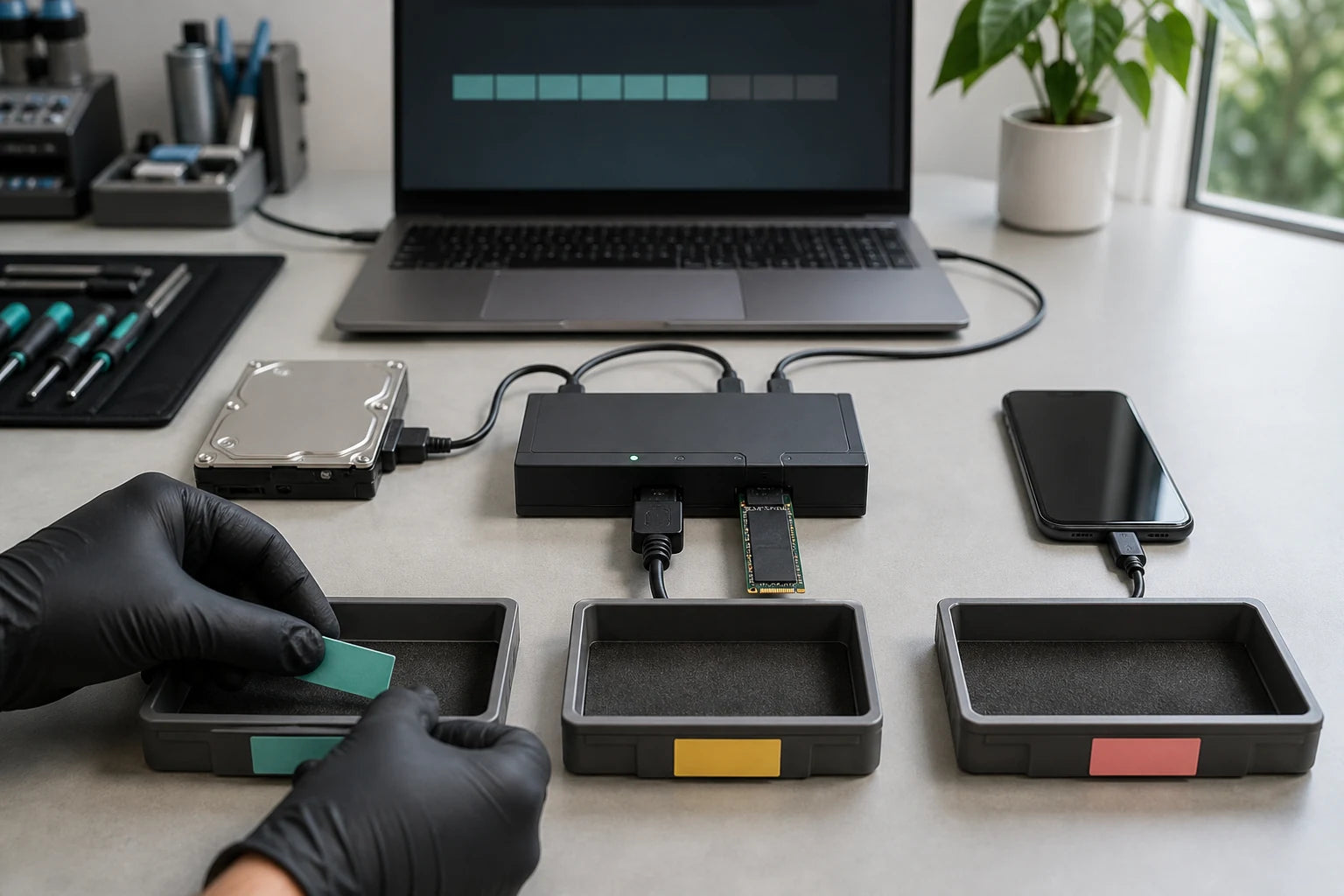Phone, solid-state drive and hard drive arranged for careful data-access assessment on an anti-static bench