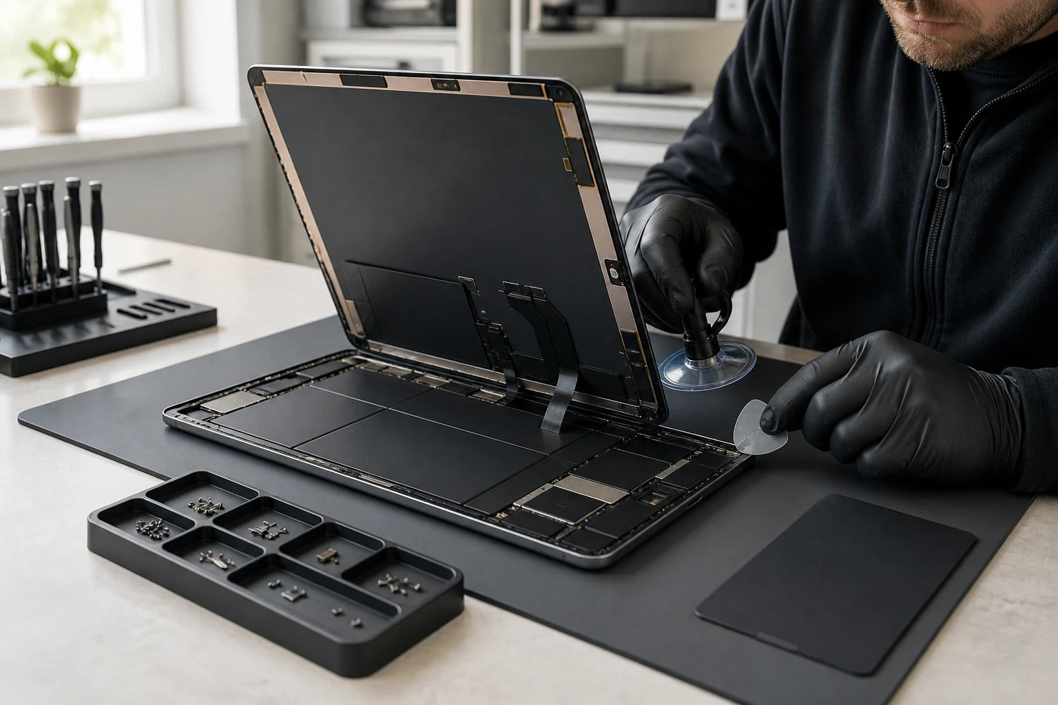 Tablet display assembly and glass being inspected separately on a professional repair mat without visible branding