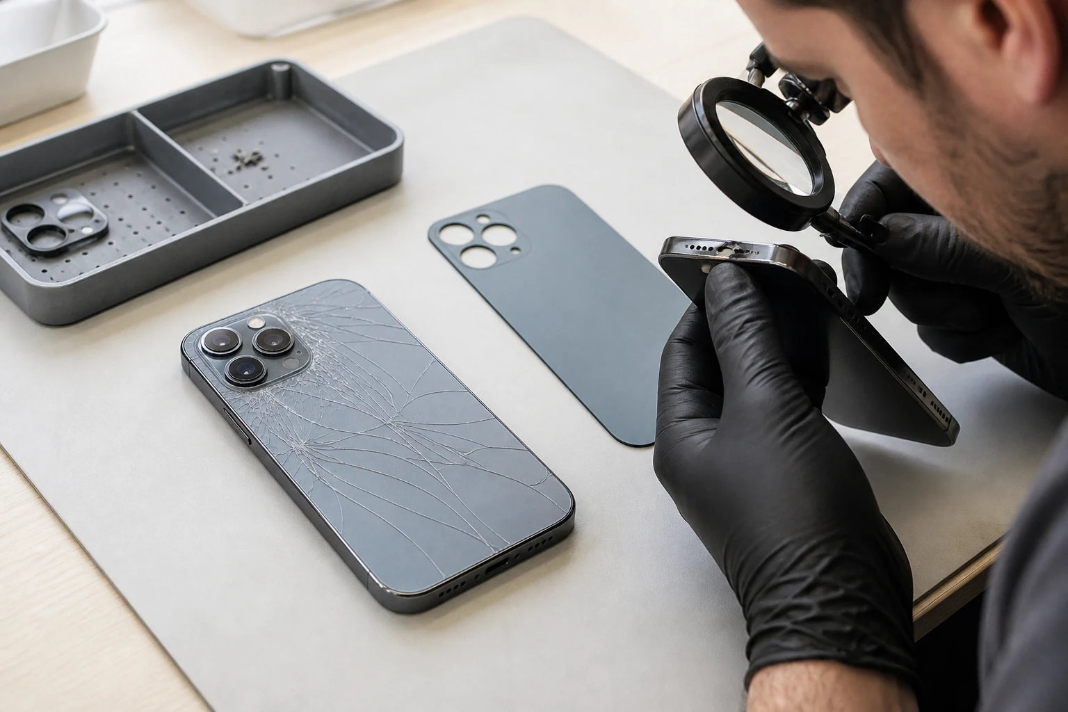 Cracked rear glass on an iPhone being examined separately from the camera lens and frame