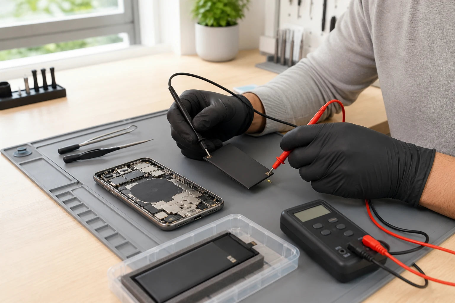 iPhone battery condition being inspected with safe precision tools on a repair bench