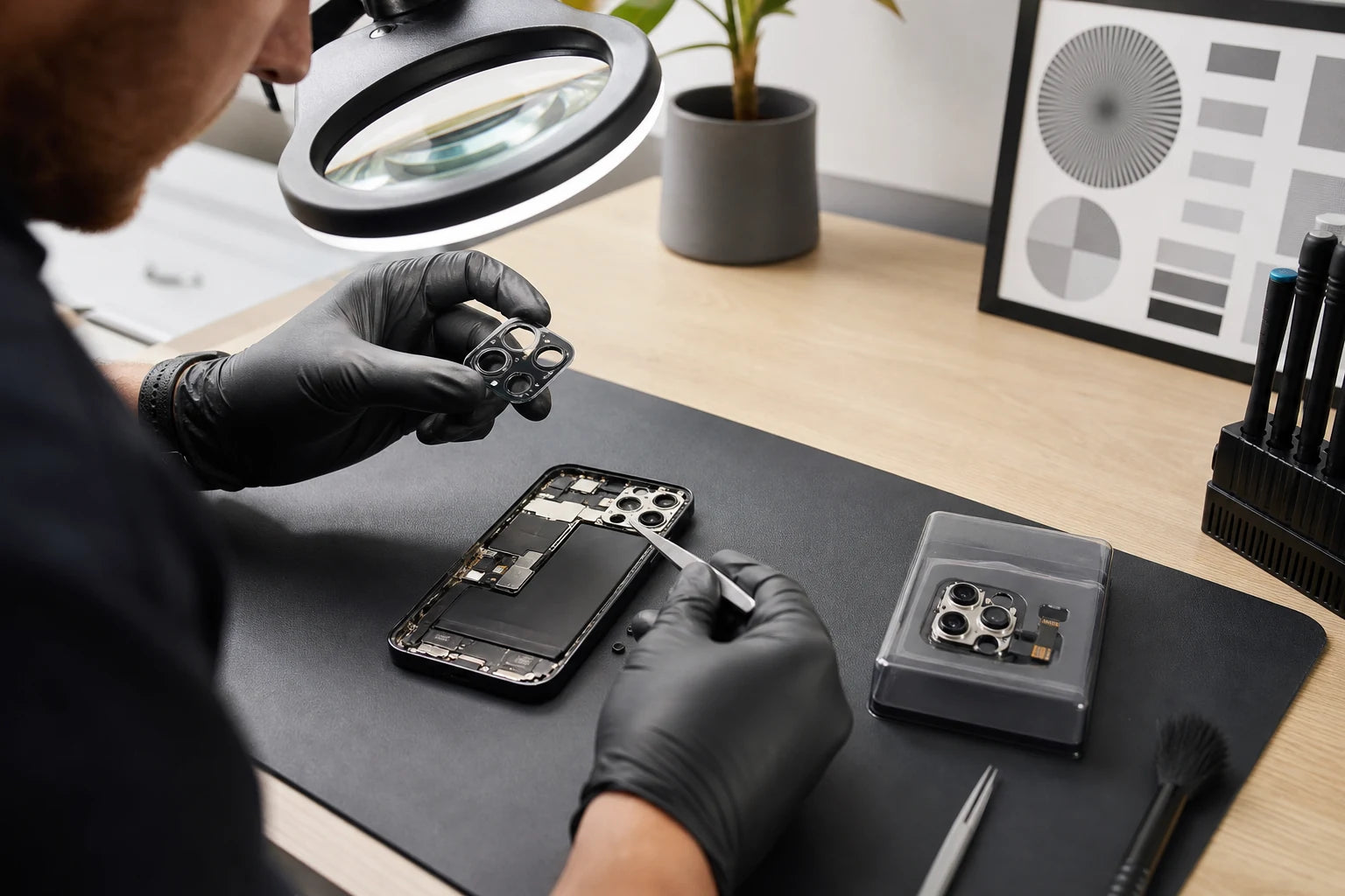 iPhone rear camera lenses being inspected under clean neutral light for focus damage