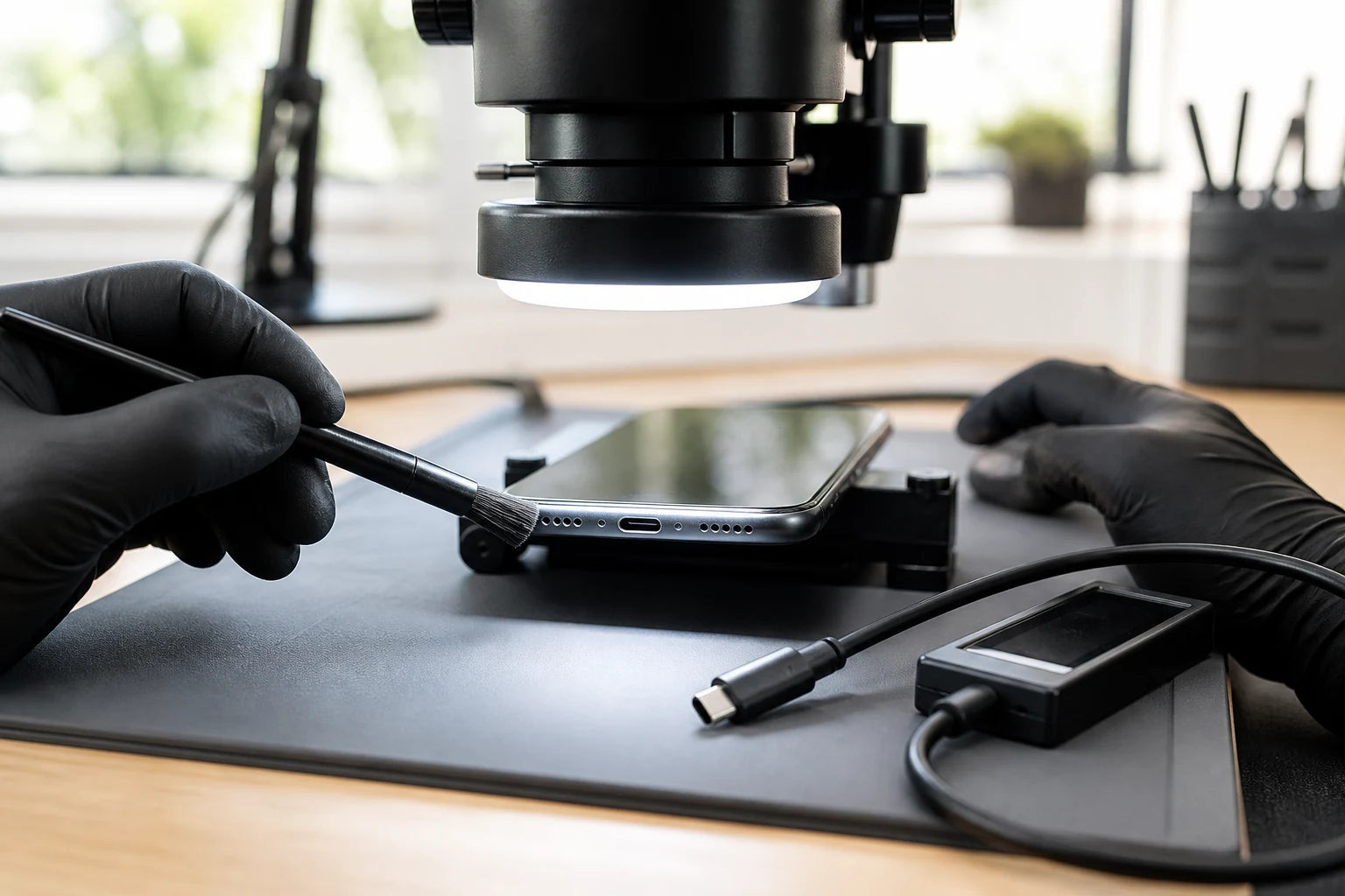 iPhone charging connector being inspected under magnification without tools inserted