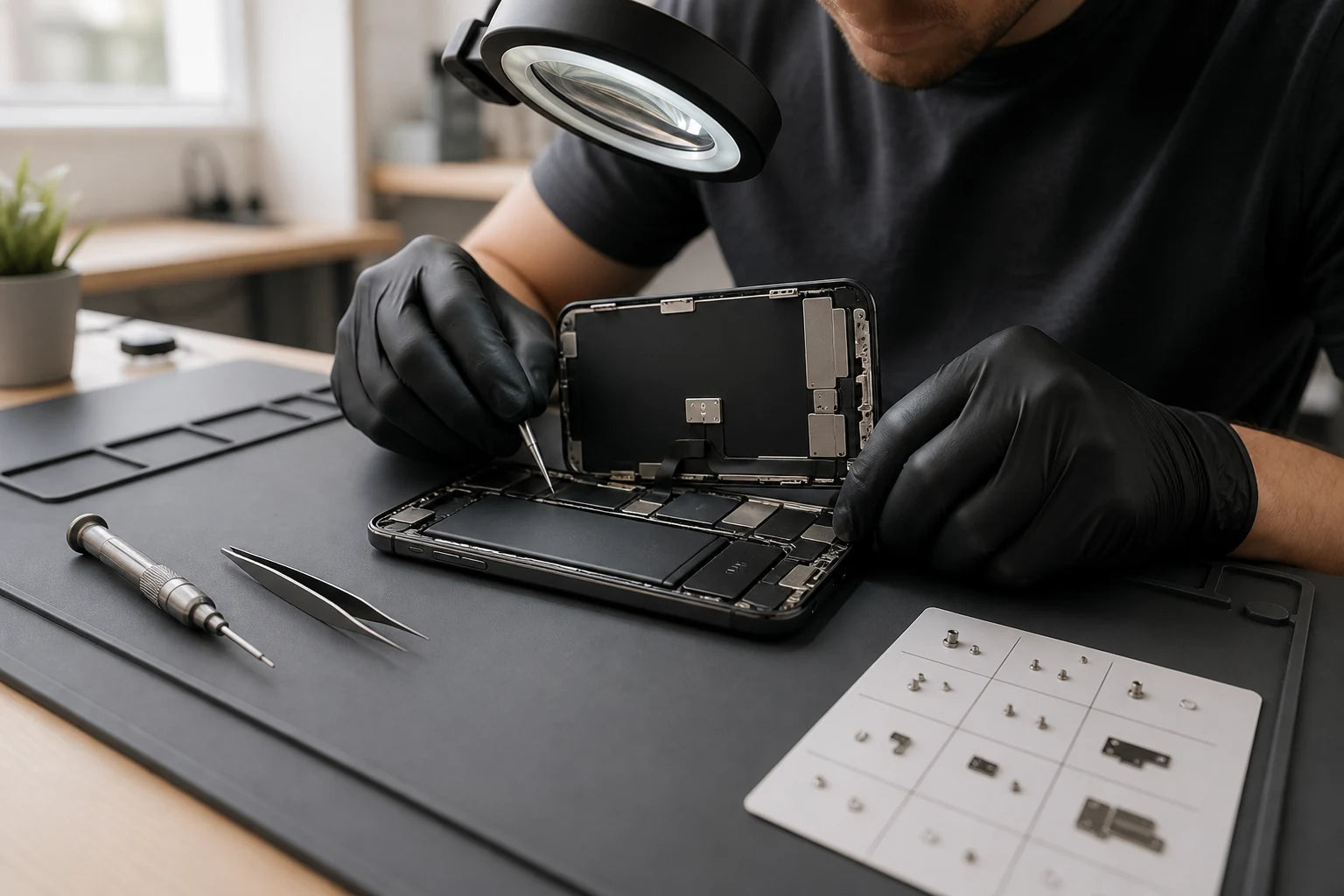 iPhone being carefully assessed beside precision repair tools on a neutral workbench