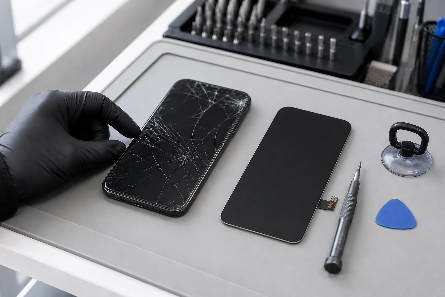 Close view of a cracked iPhone display being inspected under bright neutral light