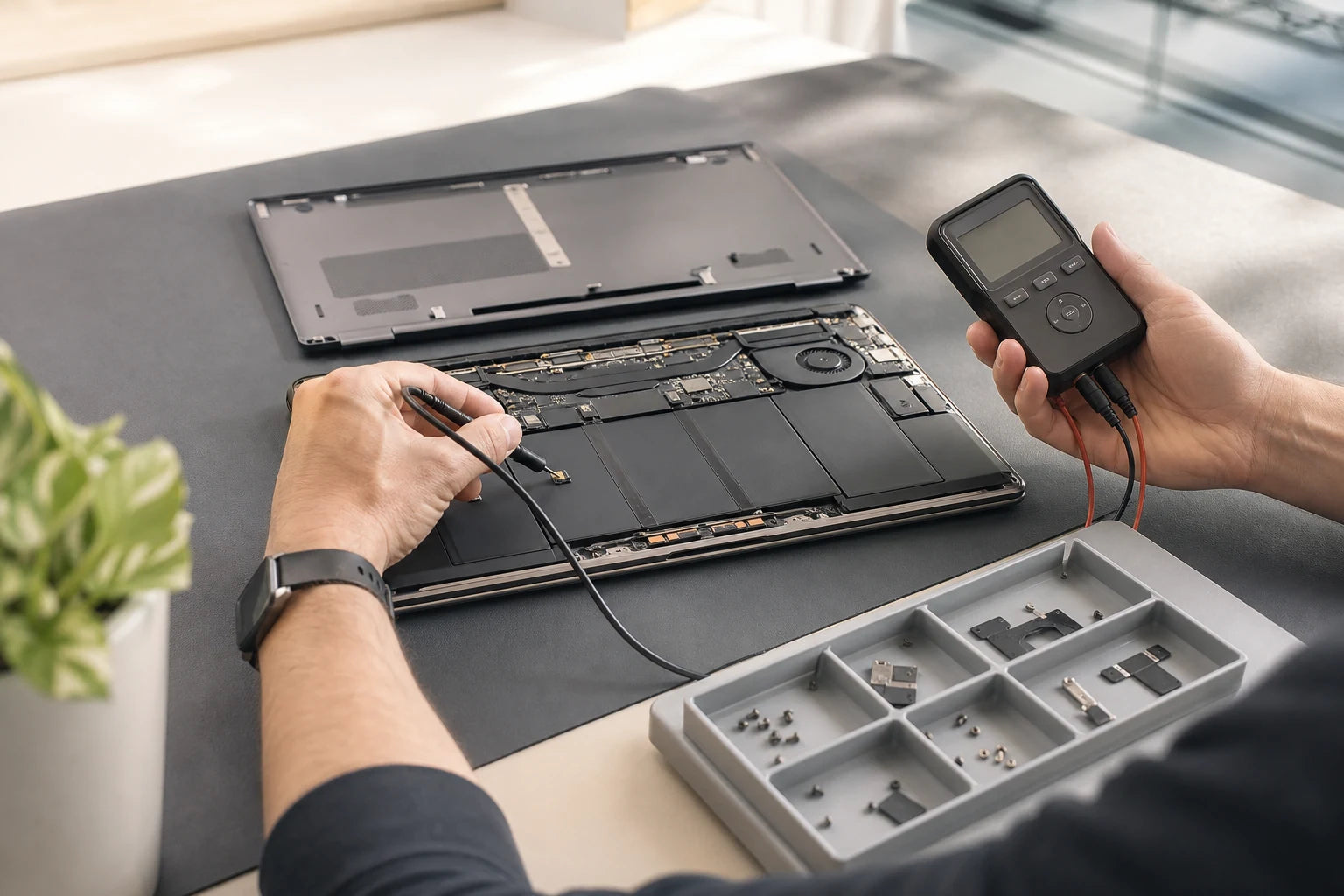 Open laptop with its internal battery being inspected using diagnostic equipment