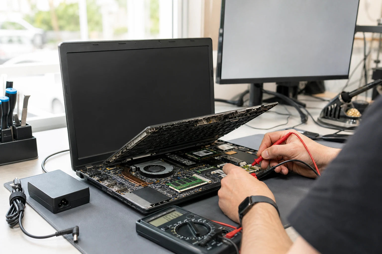 Technician diagnosing an open Windows laptop on a clean repair bench