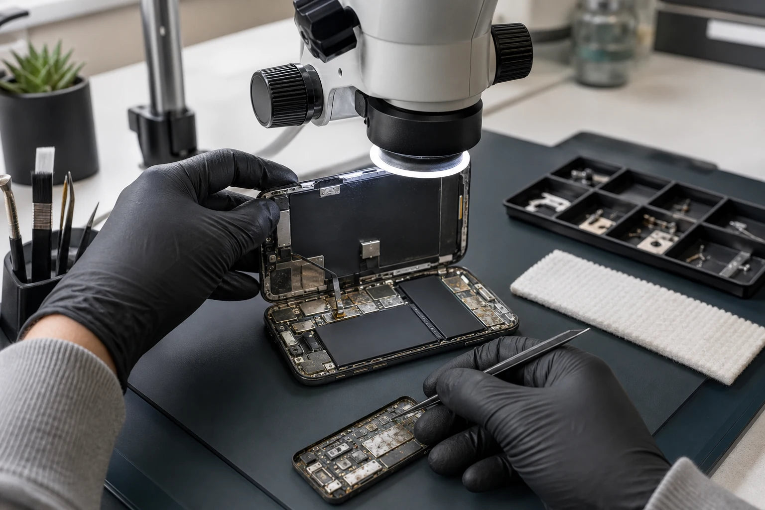 Liquid-damaged phone opened for controlled corrosion inspection on a dry repair bench