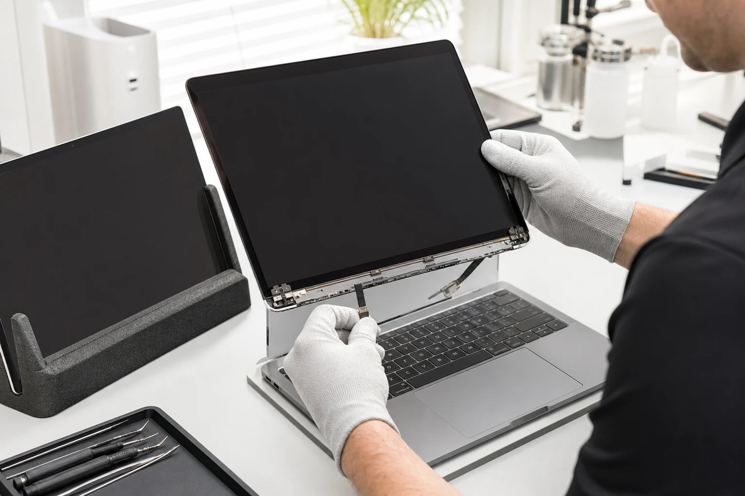 Slim silver laptop display assembly being inspected at its hinge and cable